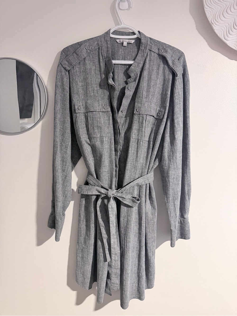 Button-Front Gray Long-Sleeve Shirt Dress with Tie Waist